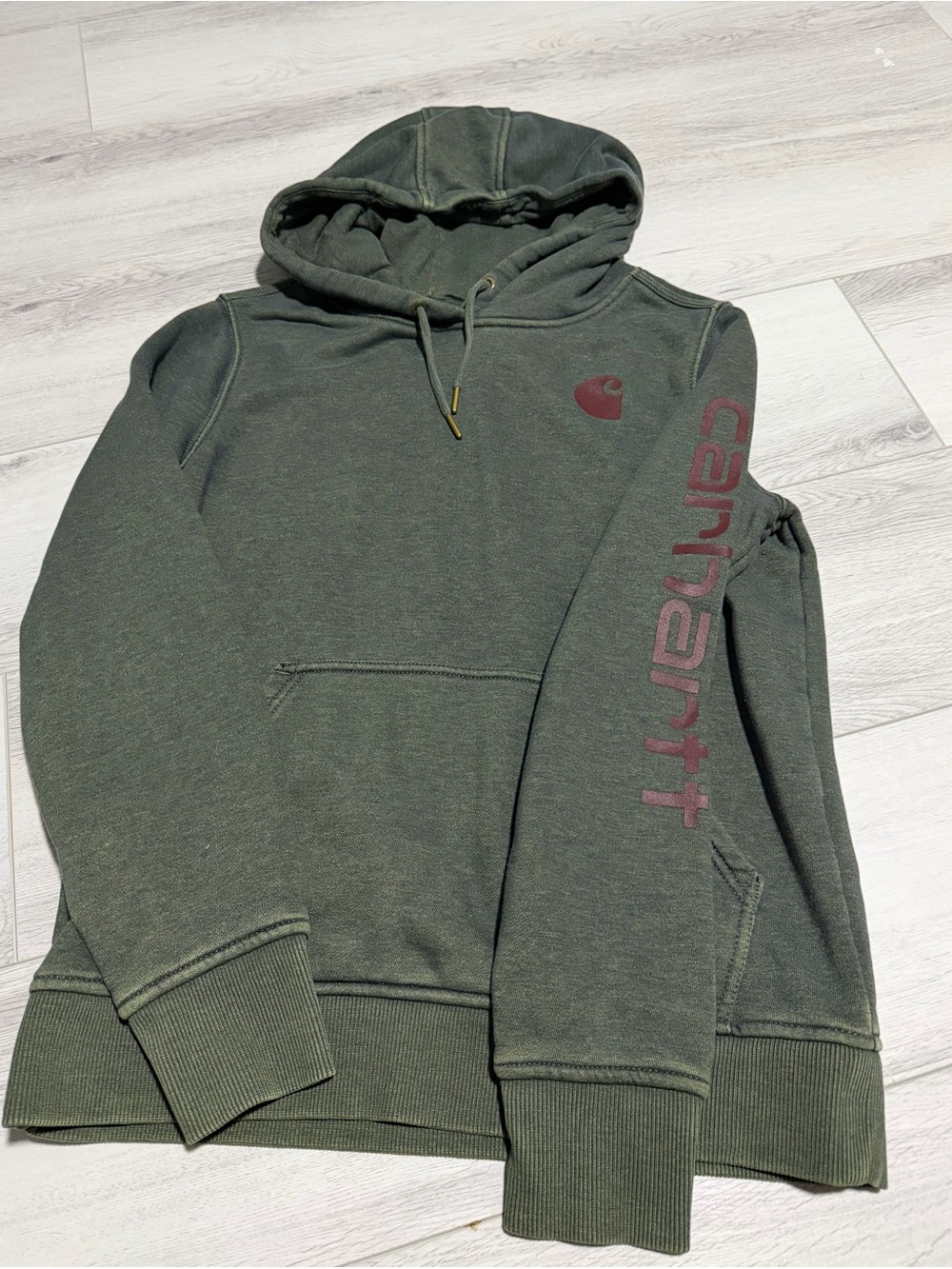 Carhartt Men’s Olive Green Crewneck Hoodie with Maroon Sleeve Script